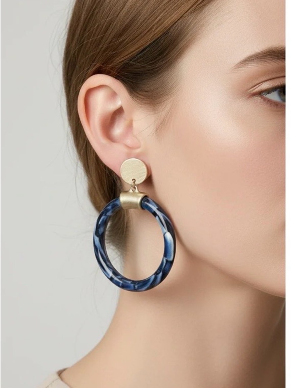 Gold & Blue Marble Hoop Drop Earrings